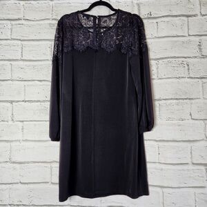 Trucloth Long Sleeve Solid Black Lace Neckline Knee Length Shirt Dress Large LBD